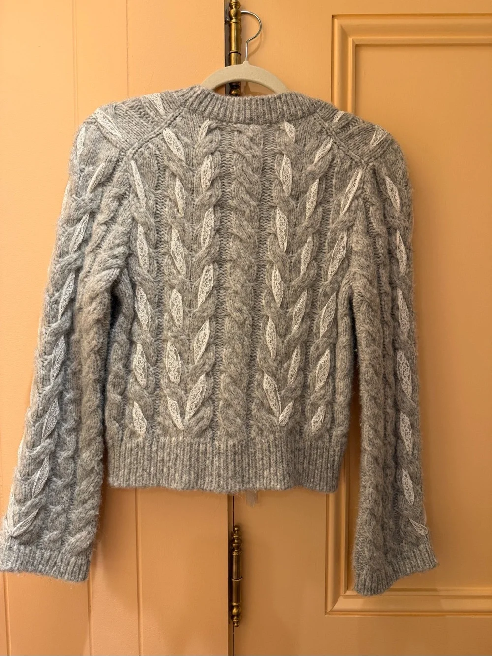 Loveshack Fancy Grey Cable Knit Cardigan Sweater with Lace Trim - Women - Picture 2 of 3